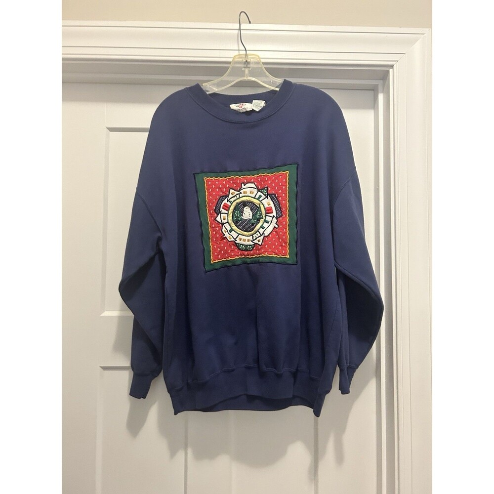 Vintage Womens Christmas Quilted Snowman Holiday Sweatshirt 20W Blue Granny Cozy